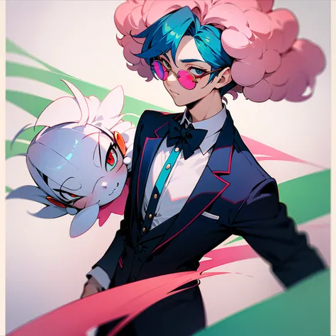 1 guy chibi character, Ultra high definition 2d animation,  2 views: front, back. cool guy with mint-colored afro hair, white skin. He is wearing white-framed asymmetric color glasses (right with red lenses, left with blue lenses), pink bow tie, mint-color...