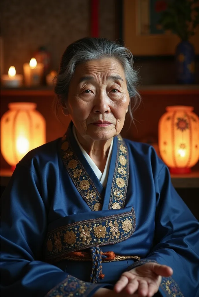 A 90-year-old Korean woman with piercing, insightful eyes and a soft, wrinkled face, wearing a deep blue traditional hanbok with intricate golden embroidery. She sits in a dimly lit room with candles, traditional Korean paper lanterns glowing softly behind...