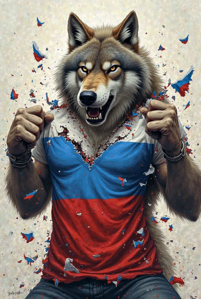 wolf with a t-shirt (Timur) tears a shirt with the Russian flag