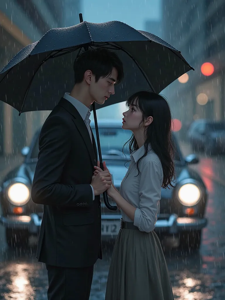 "A tall, handsome man with sharp features and gentle eyes stands in the rain, wearing a perfectly fitted black suit and holding a sleek black umbrella. Raindrops fall softly around him as he gazes at a petite woman with delicate features, wearing a white b...