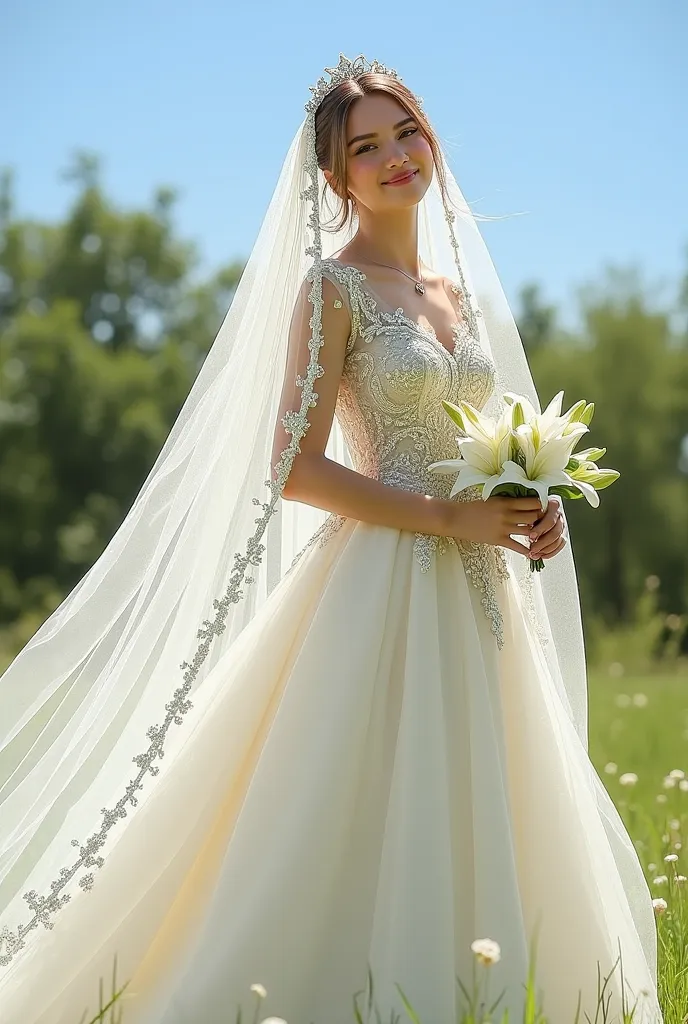 Russian girl in a magnificent wedding dress with a long veil and a bouquet of white lilies, she happy