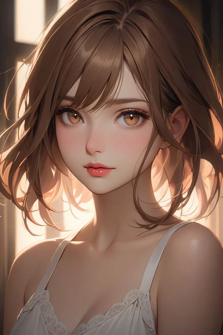 A medium length brown messy haired girl, eyes cat like, lips pink,creamy smooth skin and nose small yet high