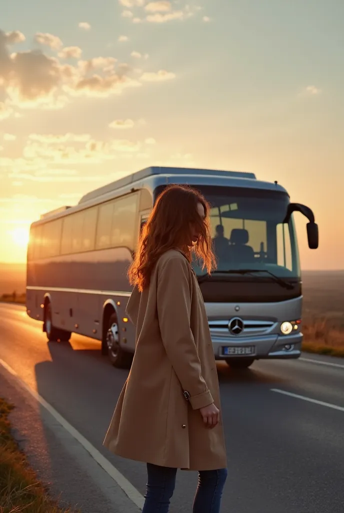 The Mercedes-Benz Travego intercity bus, standing parked on the side of a wide road or preparing to move. Sunset or early morning, creates a warm and peaceful atmosphere.

In the foreground, there is a figure of a woman walking next to the bus or towards i...