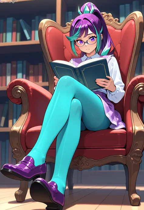 starlight glimmer, humanized, reading book, foot focused, crossed legs, turquoise pantyhose, purple shoes, glasses