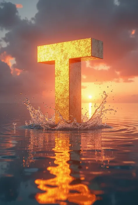 A large, capital letter "T" is positioned in the center of a still body of water. The letter is yellow illuminated, almost metallic in appearance, and appears to be slightly above the water's surface.  Water splashes and ripples are visible around the lett...