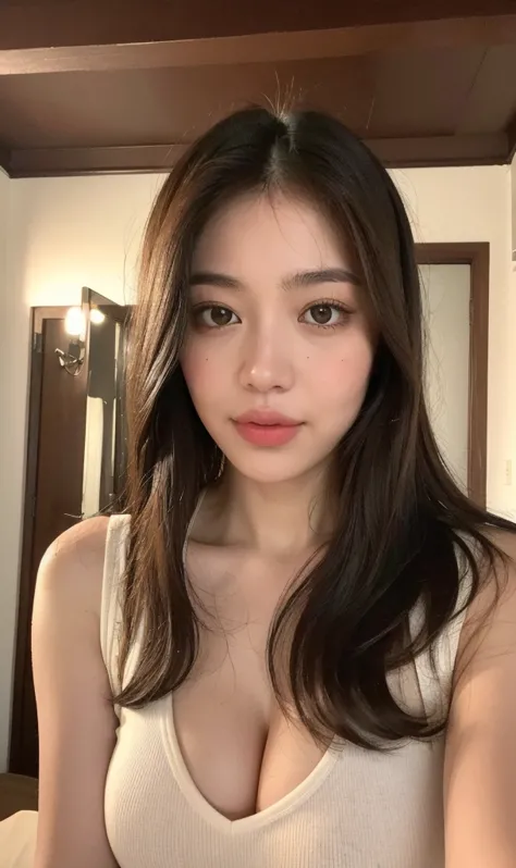 ((lips, 8K, masterpiece: 1.3)),  a girl, beautiful woman with firm abs: 1.3, full body, (long hair, big: 1.4), Oversized tank top: 1.2,  super delicate face , delicate eyes,  Double eyelid ,  smile, home, Randomly colored clothing , emphasis, neckline open...