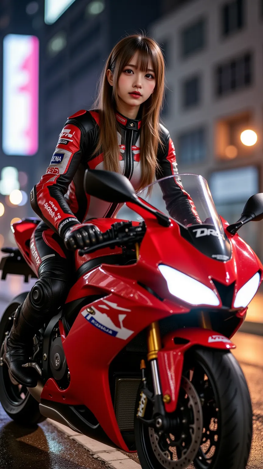 ultra-realistic, photorealistic, dramatic scene, shadow, global-illumination, (young Japanese famous idol girl:1.5), very beautiful fragile Japanese girl, very beautiful with very cute but boyish cool face, wearing a form fitting professional motorcycle ra...