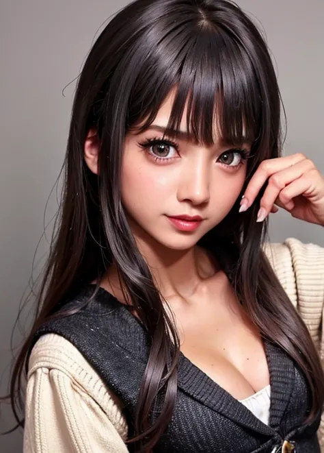 1 person,masterpiece,Best Quality, brunette,alone, pupil, Finger Heart, bangs,,( Highly Detailed CG Unity 8K Wallpaper ), (masterpiece), (Best Quality), (very well detailed), ( best illustrations), (Best Shadow), (realistic:1.4), 1 person on street, K-pop ...