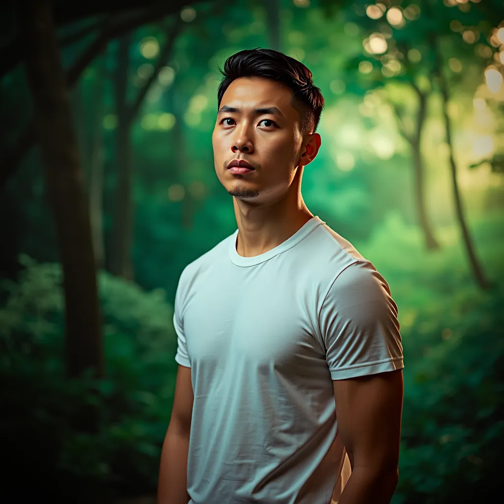 medium camera shot, a man, standing straight, wear white t-shirt, photo studio, green background, soft light
