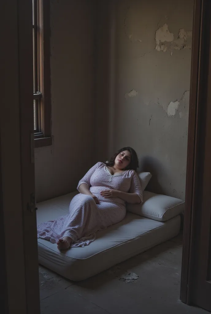 Front full view, A busty chubby plump women laying on back wearing cotton half sleeves long maxi printed nightie gown, sleeping on mattress on ground, midnight, abandoned dark slum room corner, wall beside, unconscious,