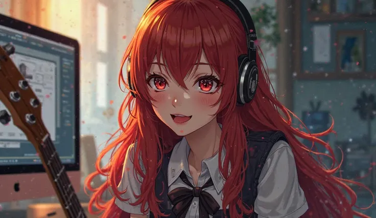 long hair, open your mouth slightly, headphones, have twinkling eyes, red hair　Beautiful girl in uniform　 electric guitar on my computer　is laughing, 