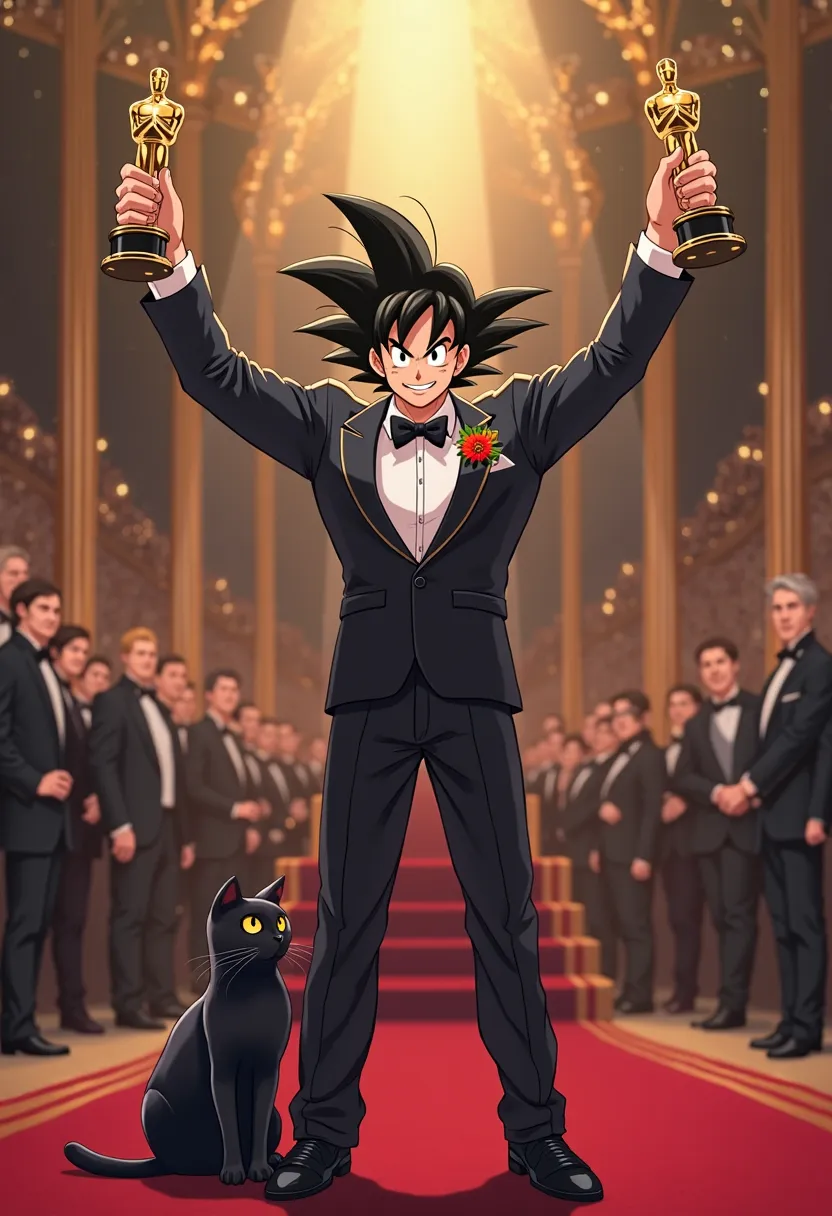 
ELEGANT GOKU SMILING AND CELEBRATING WITH A BLACK CAT AT THE OSCAR AWARDS