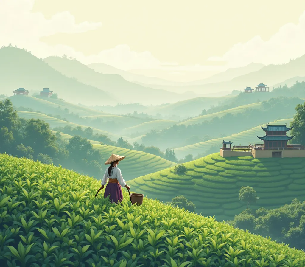 tea garden line art illustration，There are Chinese buildings in the distance，Terraced Fields，A tea picker is required to work， Clear lines ， Clean picture ，8k quality，