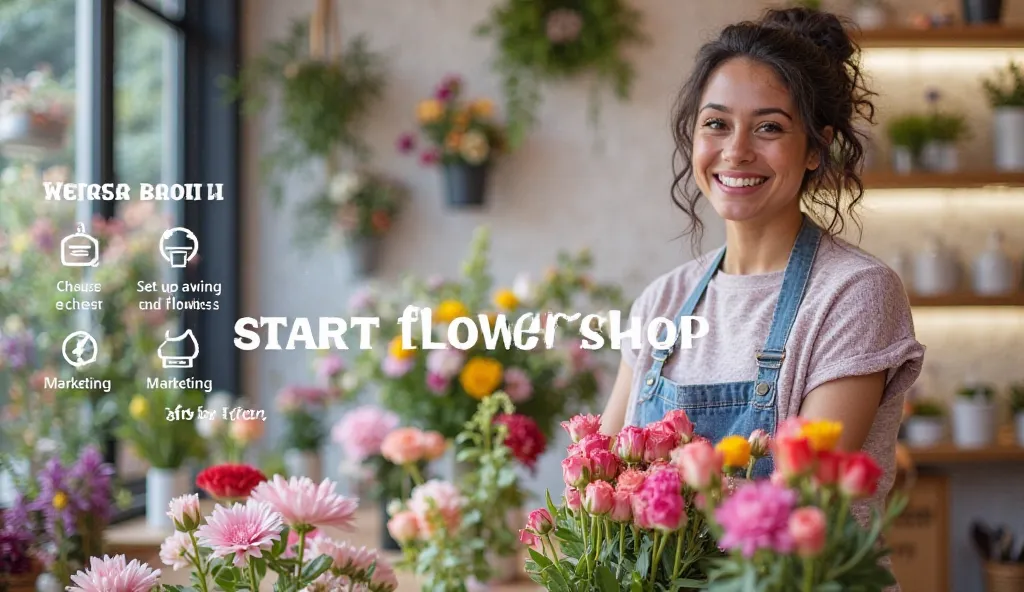 A high-definition image summarizing the steps to start a flower shop, designed for a YouTube video. The scene features a visually appealing infographic with key steps highlighted, such as choosing a niche, setting up a shop, sourcing flowers, marketing, an...