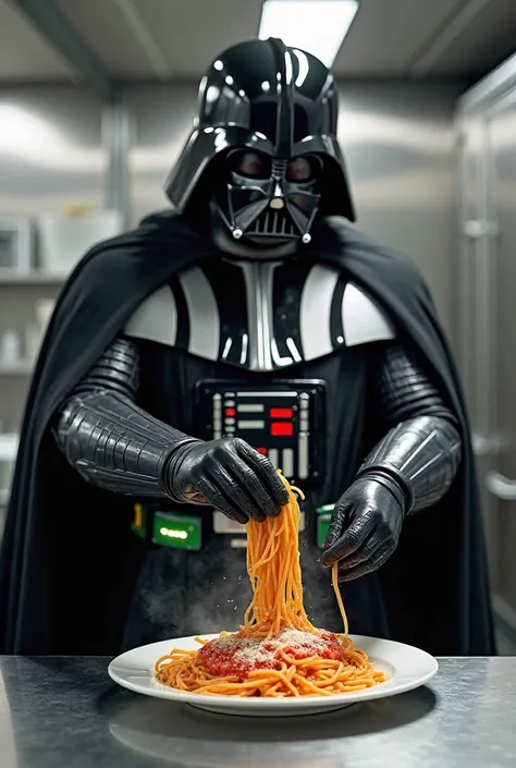 Darth Vader preparing a plate of spaghetti 