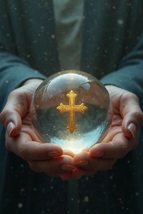 A golden cross inside a glass ball and two hands holding that ball 3d