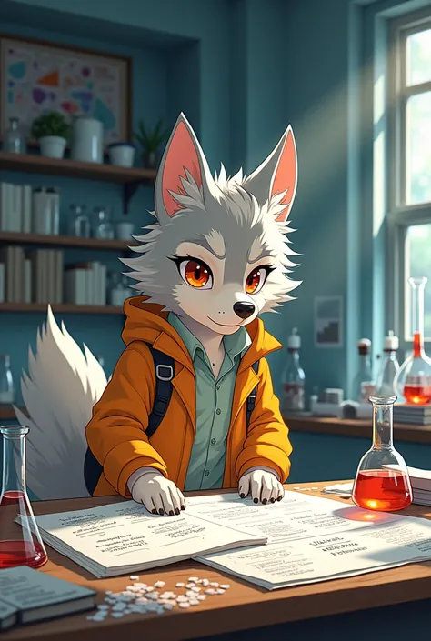 In the Furry anime style, the wolf boy in the lab studies formulas