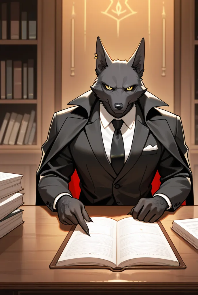 A tall, imposing anthropomorphic jackal with sleek black fur and piercing golden eyes, dressed in a neatly tailored black suit with a long flowing cape. His sharp, angular features and upright ears give him an authoritative presence. He stands behind a gra...