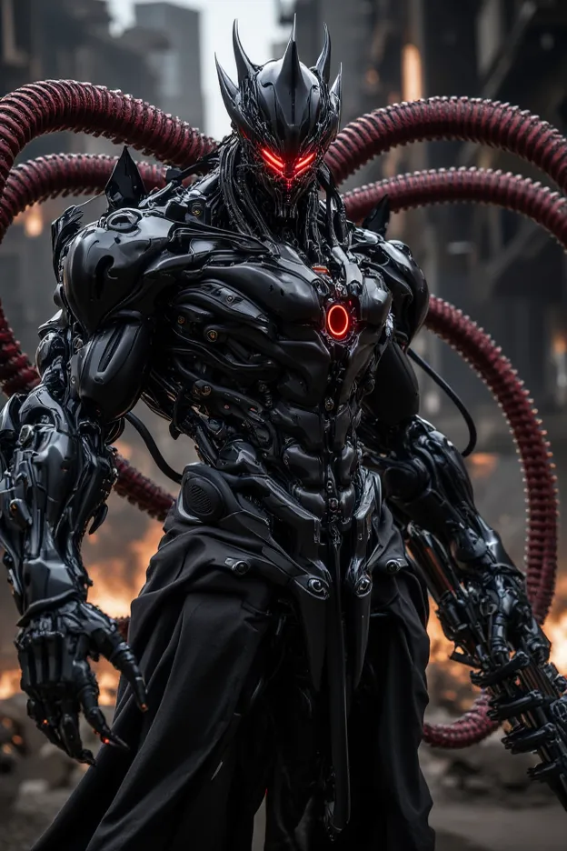  Best Quality, textured skin,fine details,  muscular,full body mechanical armor with evil jet black and crimson tubes,earrings,Intimidating,Full Face Iron Mask Imitating Goblins,anime,Abnormal Collars,,pointed ears,`Light-emitting machine gun,Battlefield B...