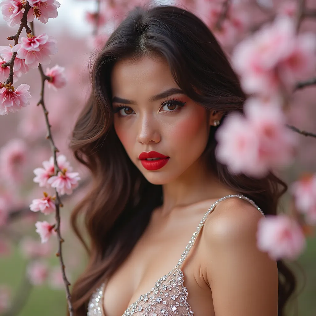 Beautiful brunette, European appearance, big eyes, full lips, red lipstick, silver lace jumpsuit with rhinestones, among cherry blossoms, unusual angle, unusual p