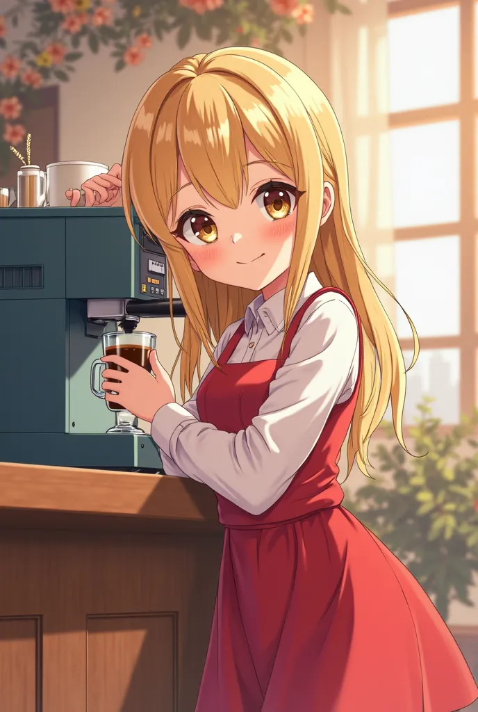 A light novel cover, a beautiful girl with blond hair she's wearing a red dress she's an office worker she's a grow up women who have a nice smiling, she's lie her head on a counter beside a coffee machine name rob, they in a cafe the cover giving a cozy f...