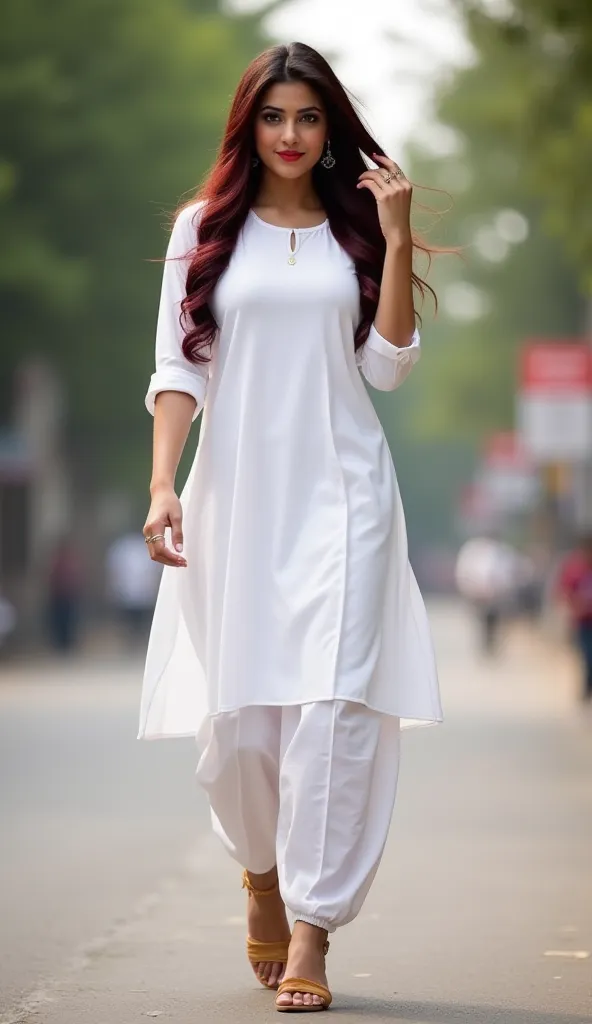 An beautiful Indian chubby looking like Kareena kapoor, dark red lips ,blush and eyeshadows, het thick and long burgundy hair on her shoulder wearing white round neck kurti and knee length glued leggings (( churidar)) walking on the street, looking towards...