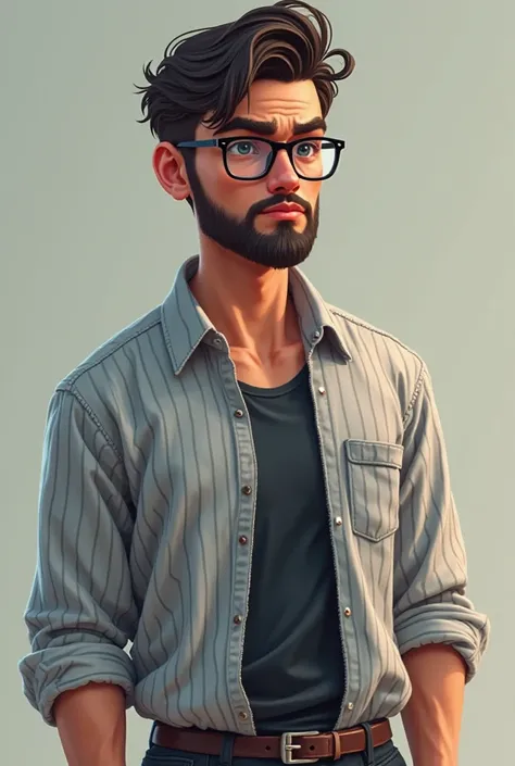 Create a 25-year-old male avatar, with strong and determined traits, representing a young leader who defies stereotypes.  He wears modern glasses , You have well-aligned hair and beard, conveying seriousness and confidence. Your dress deviates from the tra...