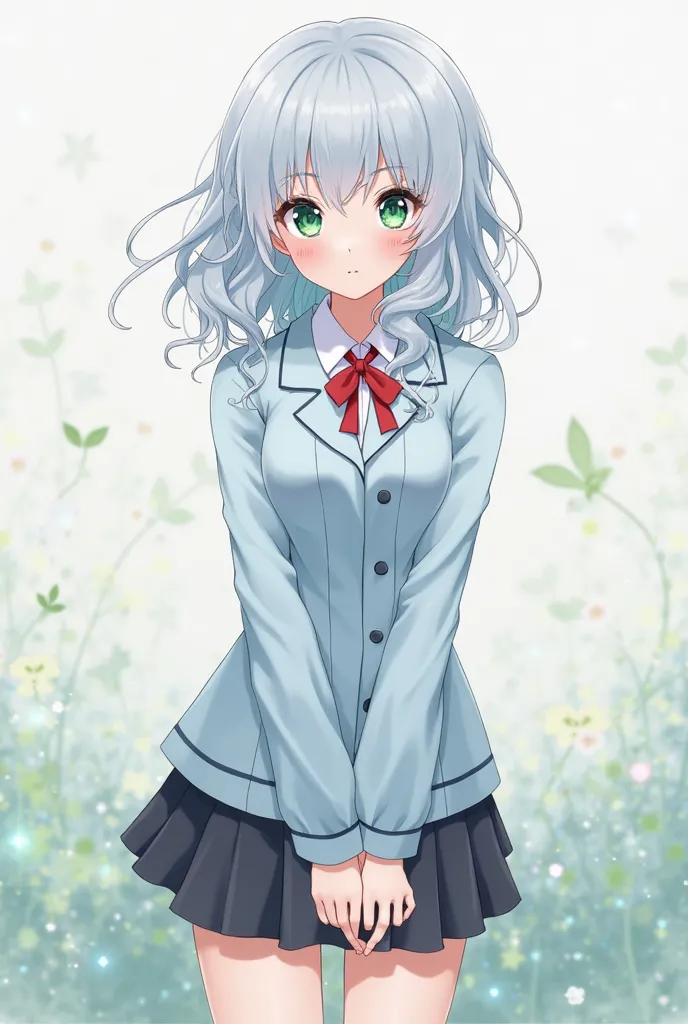 Anime soft style girl with curly hair, long light blue color, green eyes, red makeup in the shape of a circle on the cheeks, a light blue dress suit with a red bow on the neck and a black mini short