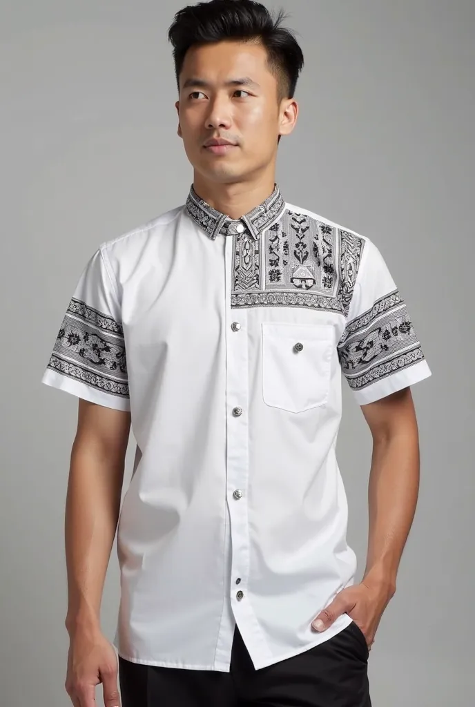 "Short-sleeved koko shirt design with a white or gray base color with a premium fabric fiber effect. Details of thin kawung or parang batik motifs are placed on the chest and arms with monochrome colors for an elegant impression. Regular fit cut that is co...