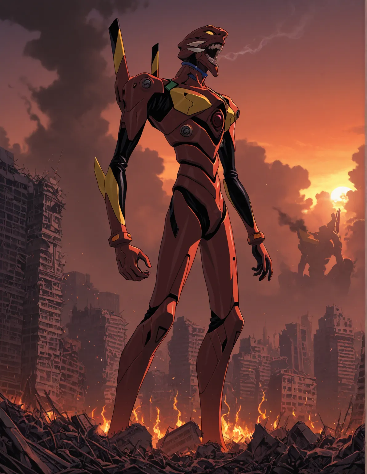 Neon Genesis Evangelion scene, mecha standing in a ruined cityscape, smoke, flames, sunset, black and yellow colored mecha, Neon Genesis Evangelion style mecha, destroyed city in the background, robot with teeth screaming furiously, medium shot