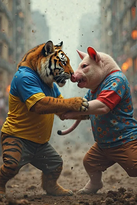 a tiger with a Ukrainian shirt is fighting a pig with a Russian shirt