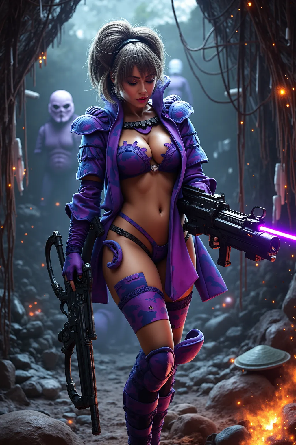 A gorgeous lady in the role of Princess Leis (sexy revealing violet and blue camouflage combat armor, weapon, iconic hairdo), she is in action poses exploring an alien base, the interior has a lot of battle damage (hanging wires, spark, small fires, holes)