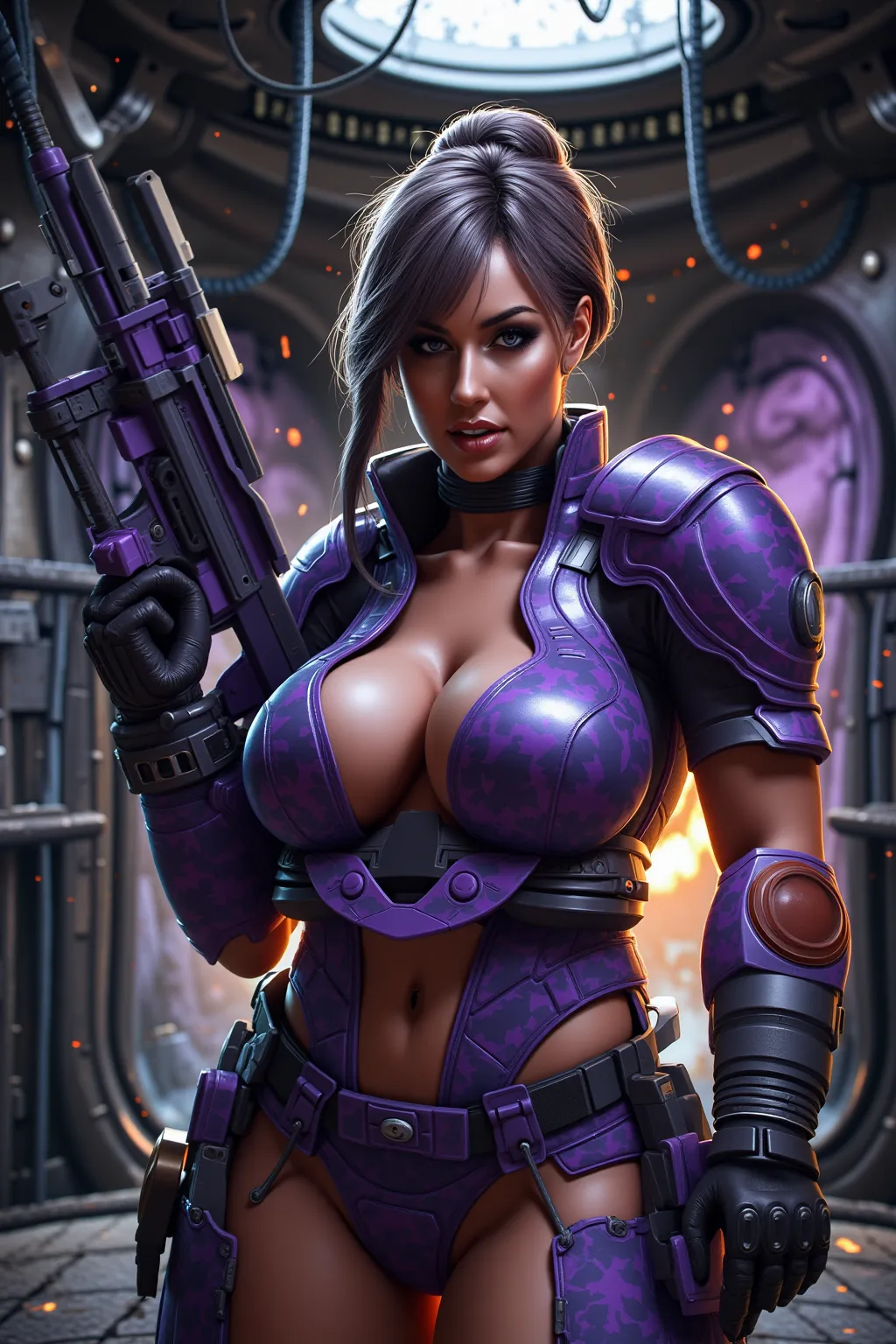 A gorgeous lady in the role of Princess Leis (sexy revealing violet and blue camouflage combat armor, weapon, iconic hairdo), she is in action poses exploring an alien base, the interior has a lot of battle damage (hanging wires, spark, small fires, holes)