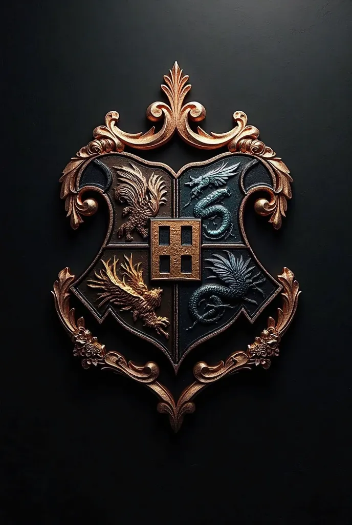 Howgarts badge in black color with rose gold details and space for photos 