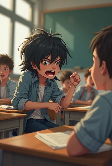 a boy with long black hair sits on the back desk and yells at his classmate and barks 