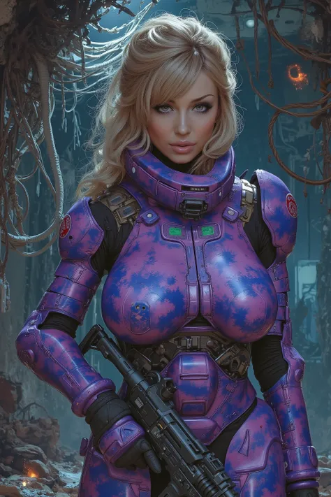 A gorgeous lady in the role of Princess Leis (sexy revealing violet and blue camouflage combat armor, weapon, iconic hairdo), she is in action poses exploring an alien base, the interior has a lot of battle damage (hanging wires, spark, small fires, holes)