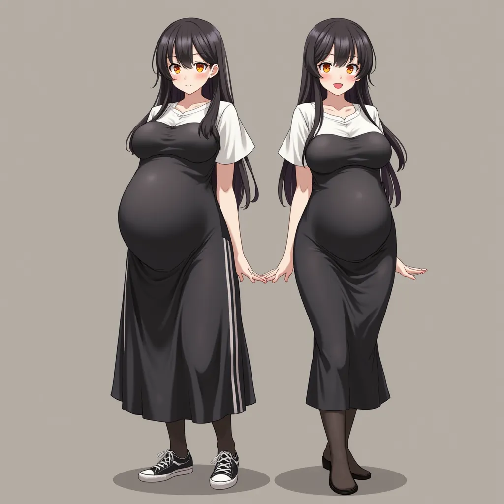 anime girl, long hair, big pregnant, orange eyes, pregnant girl with big belly, anime style, black hair, big breasts, pregnant girl with big belly, smile, black thin tights, black long dress with white stripes with short sleeves, big pregnant belly, big br...