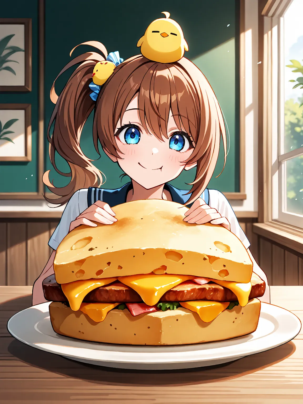 blue eyes, brown hair, sling, side ponytail, chick on head , eating ham cheese side,  happy,smile,illustration, 