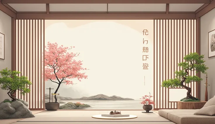 illustration in soft colors predominating , minimalism of a Japanese style living room with window to see the minimalist Japanese garden with bonsai trees, the stage evokes energy and elegance