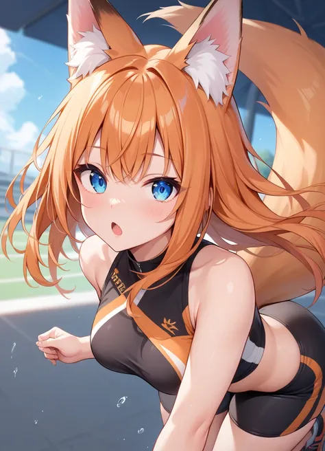 (masterpiece:1.2, best quality:1.2) expressive eyes, perfect face, 22 years old girl, fox ears, fox tail, running outfit, ((Orange hair)), (Dark Orange hair), blue eyes