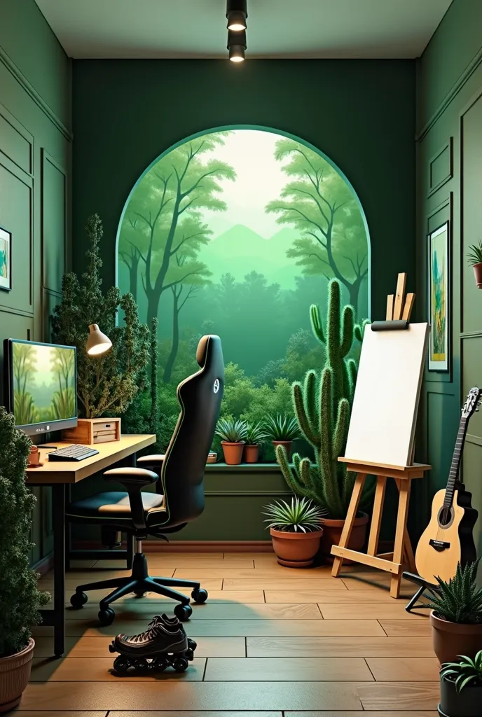 Create an enchanting modern room with some cacti and succulents as decoration, One of the walls green green forest, a corner of the bedroom with a desk with a gamer computer and a black and green gamer chair next to an easel with a white screen, And next t...