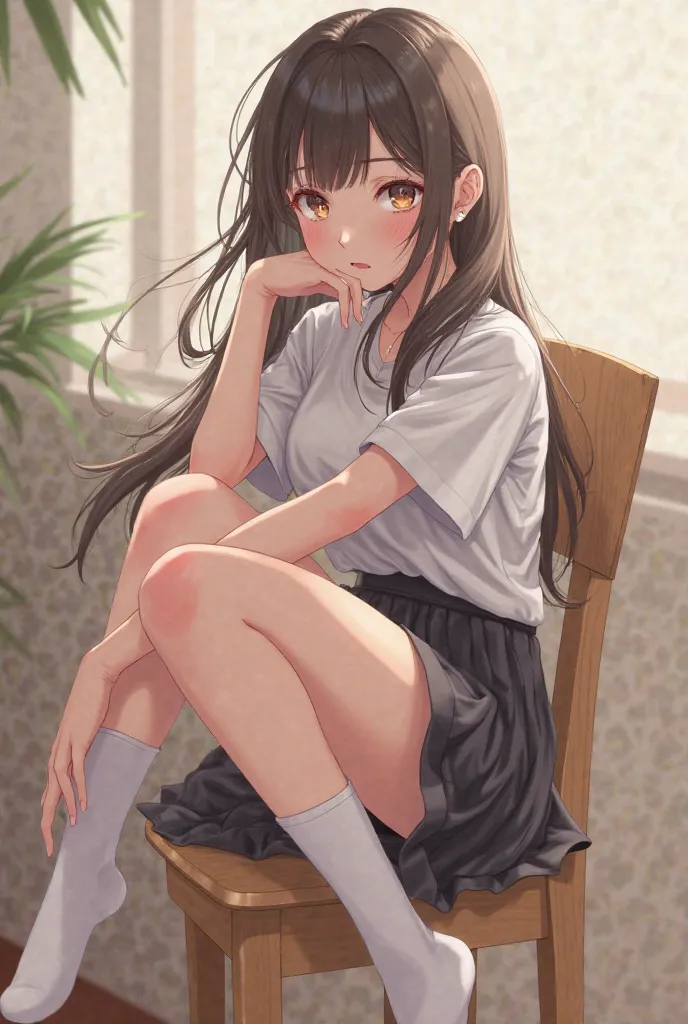 A pretty high school girl wearing a short black skirt wearing white socks sitting on a chair with one leg slightly raised and legs crossed in an X shape