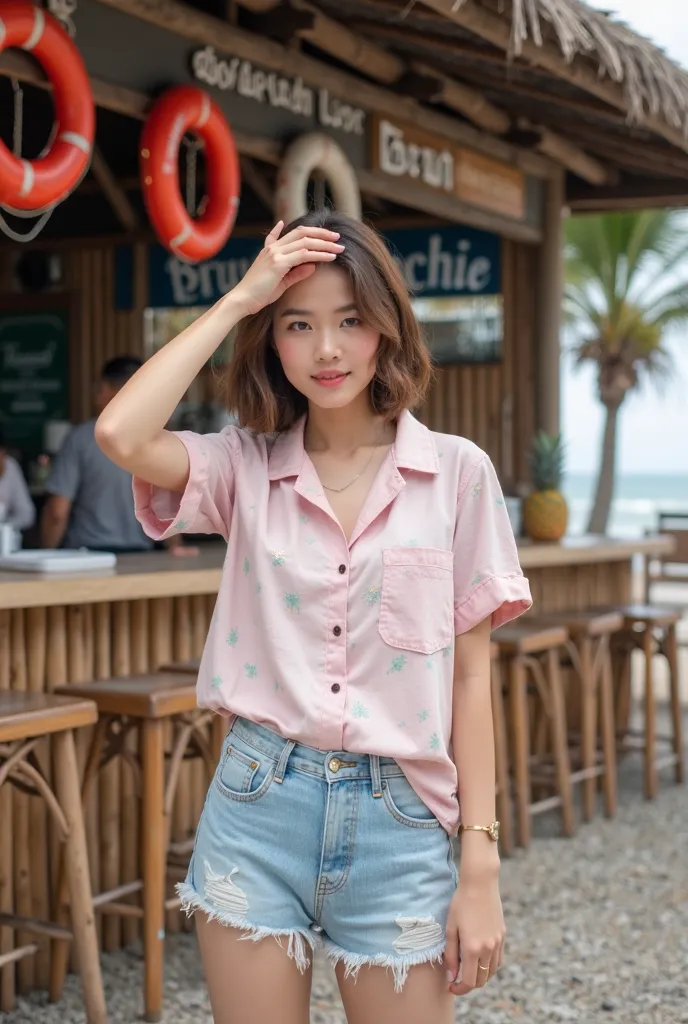 This photo focuses on Thai women from head to toe. The images of the women are sharp and clear, with the background slightly blurred.


[Prompt: Full shot of a young thai woman with short brown hair standing in front of a beach bar, wearing a light pink sh...