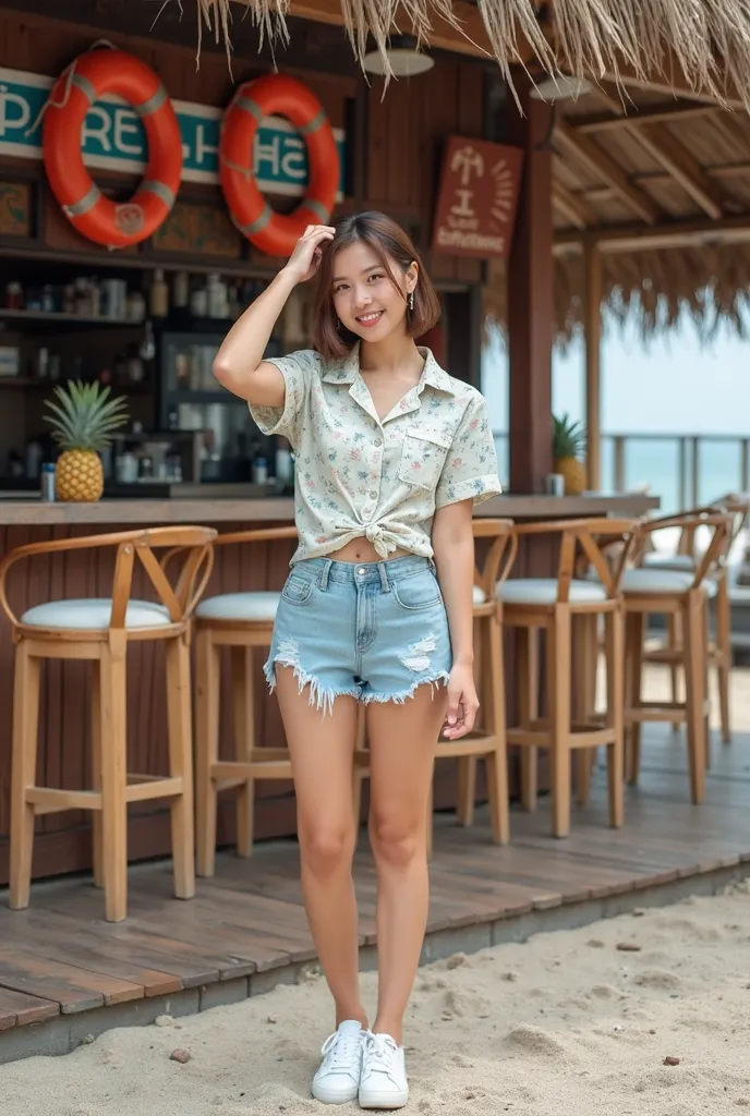 This photo focuses on Thai women from head to toe. The images of the women are sharp and clear, with the background slightly blurred.

[Prompt: Full shot of a young thai woman standing in front of a beach bar, wearing a short-sleeved button-up shirt with a...