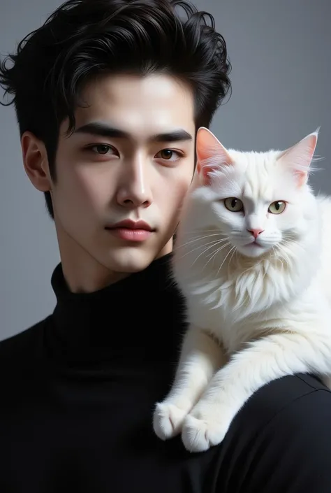 A man in black、young man with young hair，holding a white cat on his right shoulder.. The cat is white，Curly，Devon cat，cat eyes are light blue..