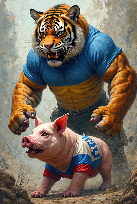 a tiger with a T-shirt, the Ukrainian flag, eats a pig with a Russian shirt and beats it