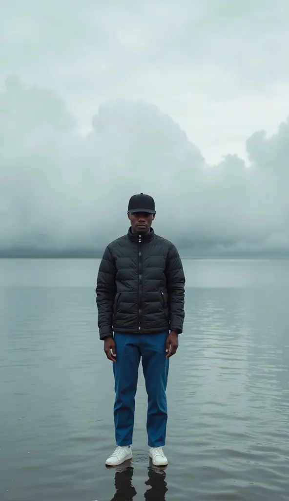 A man standing on a lake, large clouds ahead in the distance, very wide angle. The man wears a black cap, a black puffy jacket, blue trousers, and white shoes. He is African in complexion. It is an extreme wide shot.