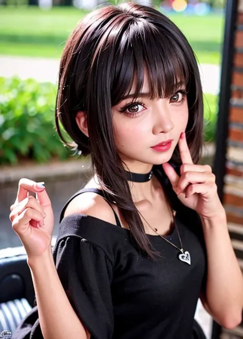 1 person,masterpiece,Best Quality, brunette,alone, pupil, Finger Heart, bangs,,( Highly Detailed CG Unity 8K Wallpaper ), (masterpiece), (Best Quality), (very well detailed), ( best illustrations), (Best Shadow), (realistic:1.4), 1 person on street, K-pop ...