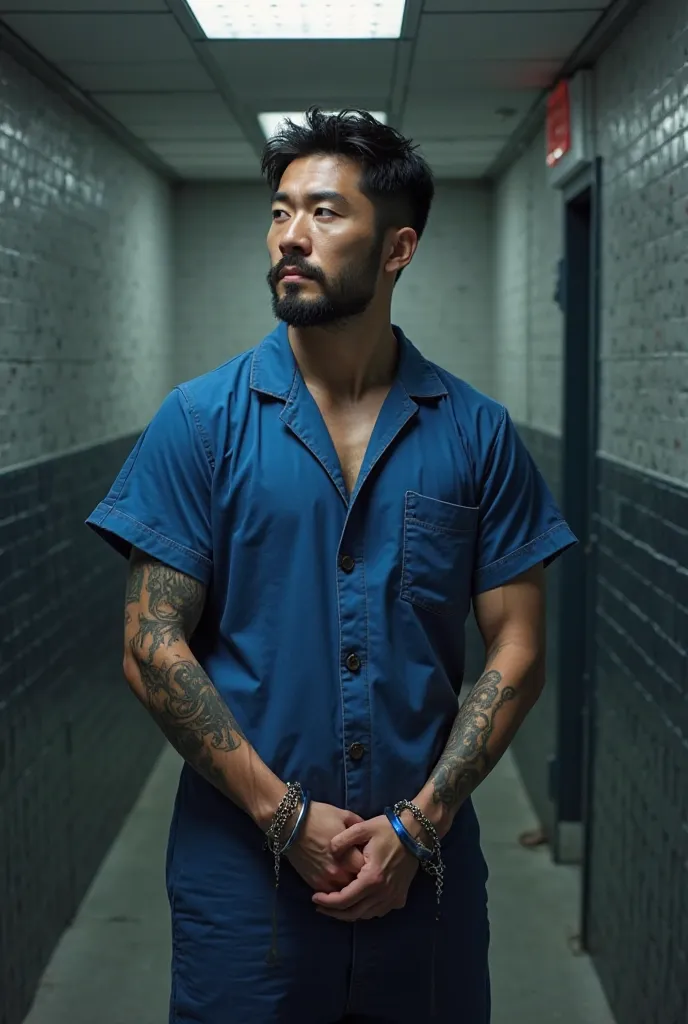 Imprisoned in prison, with a blue jumpsuit, sexy korean guy ,  muscular, good-looking, 33-year-old handsome Korean man, Has a beard, 185 cm tall , I have a tattoo on my forearm, Very handsome,
Handcuffed and tied in both hands, Arms bent backwards, is hold...