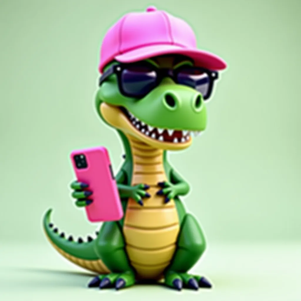 green and pink dinosaur which is wearing a pink cap and black sunglasses, it is holding a pink cellphone and is speaking with it